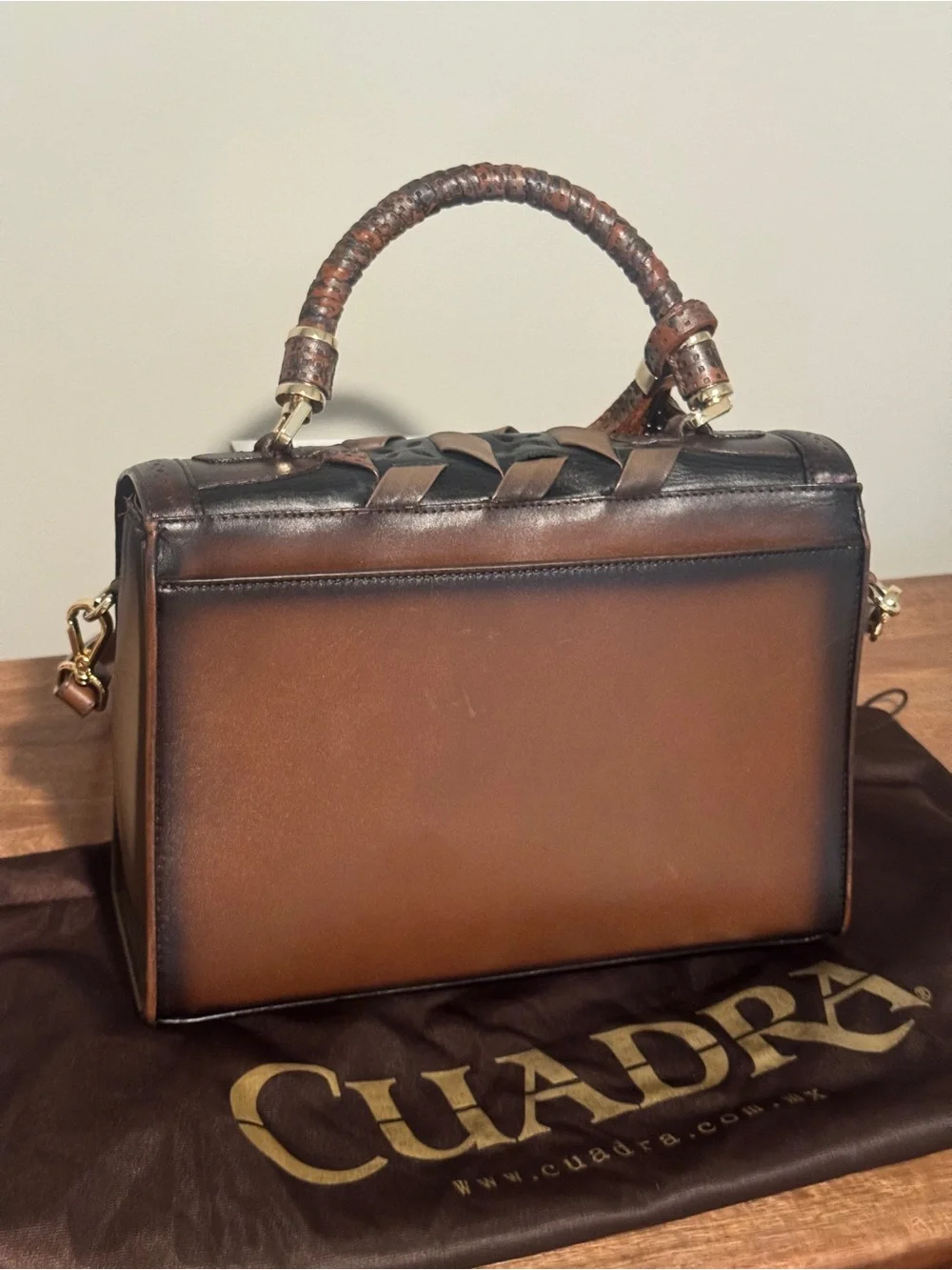 Cuadra Brown & Black Woven Leather Satchel with Scarf Accent